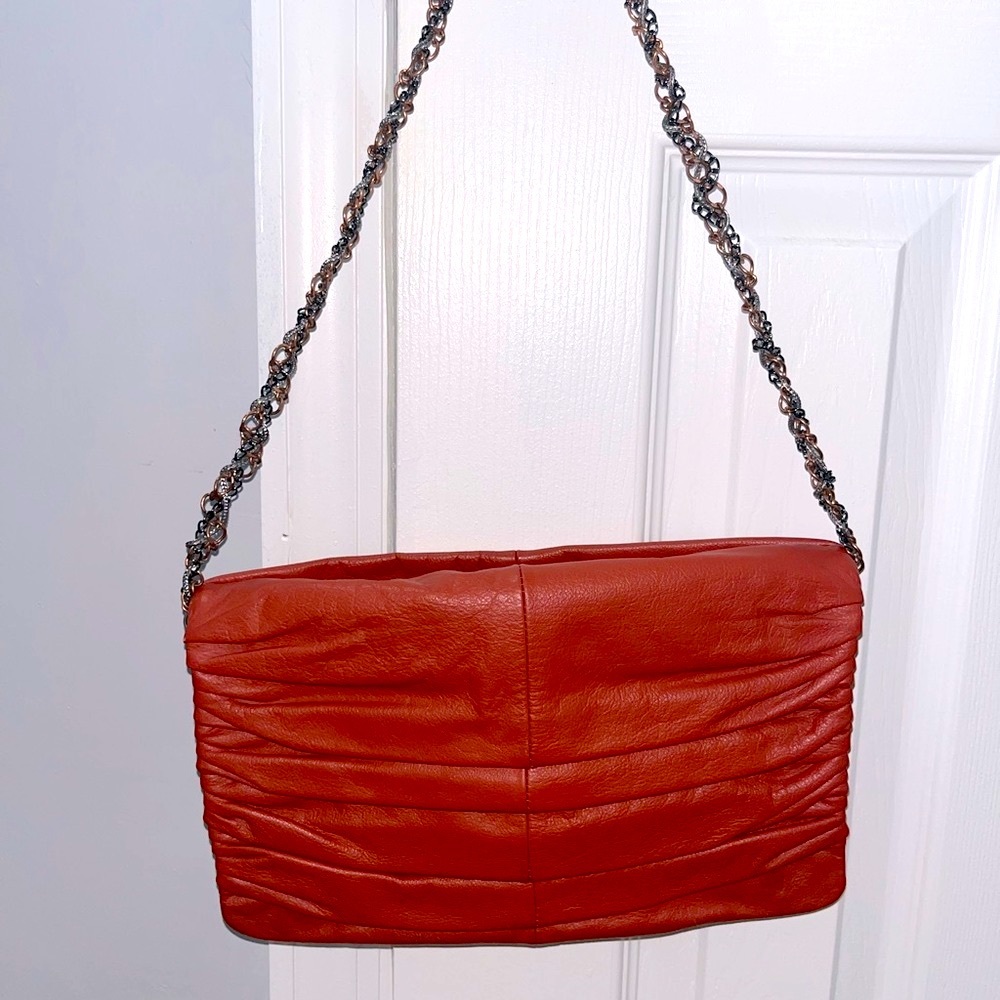 BCBG dark pumpkin orange ruched leather shoulder bag